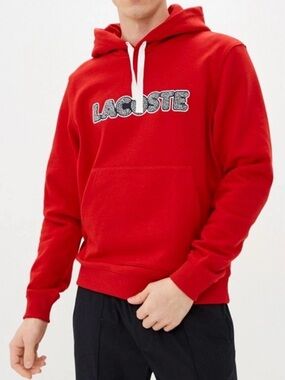 NWOT Lacoste Red Hoodie with Contrasting White Drawstrings